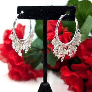 Crystal Chandelier Style Silver Plated 1.25 Inch Vintage Hoop Earrings